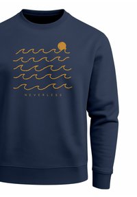 Navy sweatshirt made of soft fabric, featuring an orange wave and sun graphic with the word "NEVERLESS" below. Round neckline and ribbed cuffs.