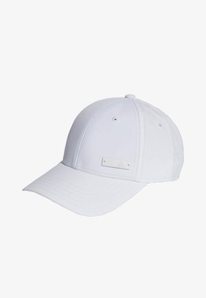 White baseball cap with a curved brim, made of fabric. Features ventilation holes, stitched detailing, and a branded white label.
