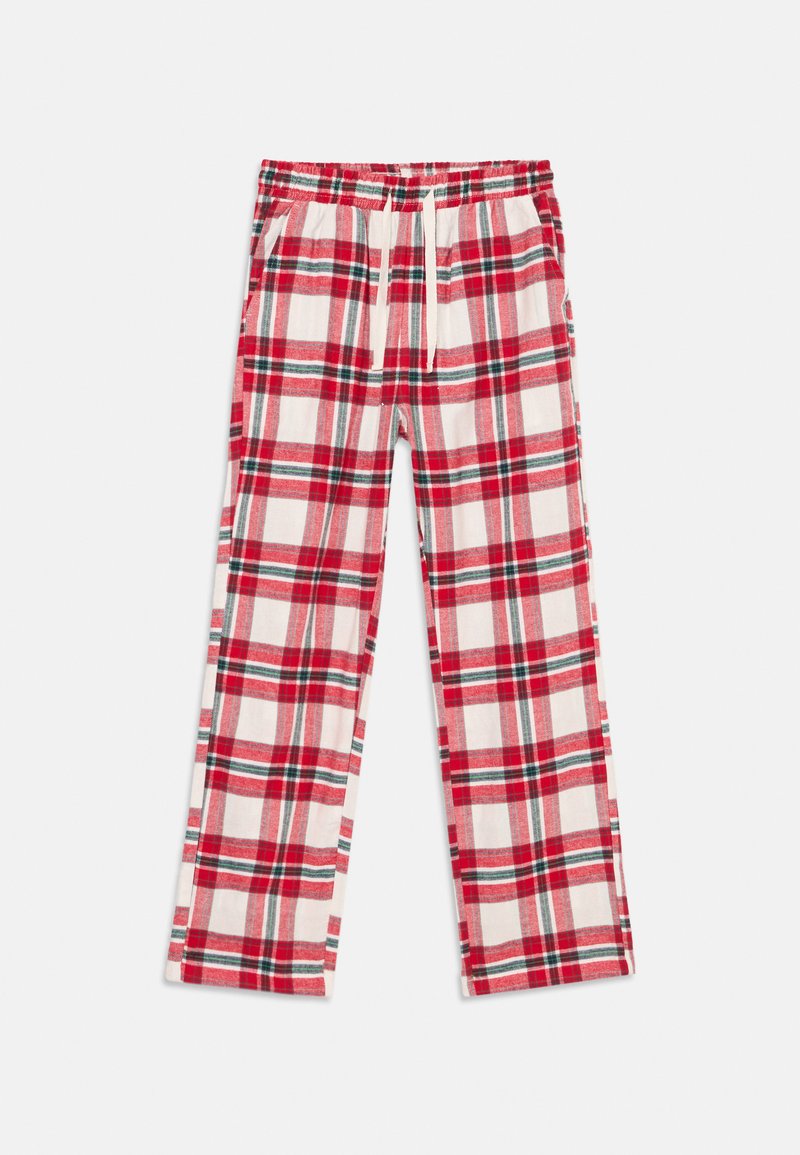 Pantalones de pijama de cuadros rojos y blancos con acentos verdes, cinturilla elástica, cordón de ajuste y bolsillos laterales, dispuestos planos sobre un fondo blanco.