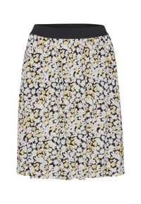 Bloemenrok met een zwarte basis, met witte en gele bloemen. Elastische tailleband bovenaan, geplooid ontwerp door de hele stof.