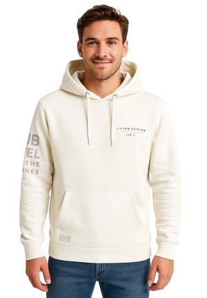 Cream hoodie with a kangaroo pocket, drawstring hood, and printed text on the left sleeve. Features ribbed cuffs and a small logo on the front.