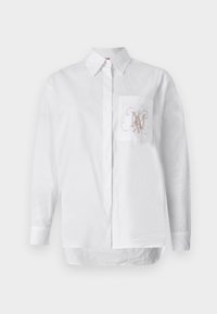 Witte button-up shirt van katoen, met een borstzak aan de linkerkant met een geborduurd monogram in lichtbruin. Lange mouwen en rechte zoom.