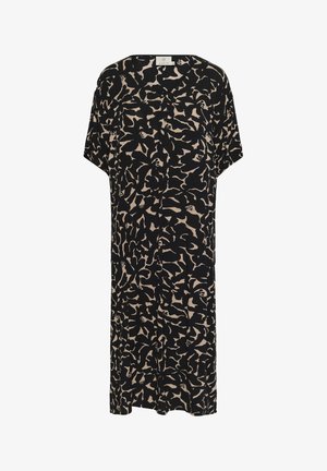 Svart klänning med ett krämfärgat abstrakt mönster, korta ärmar, rak skärning och knapplist framtill. Mjuk tyg med en avslappnad passform.