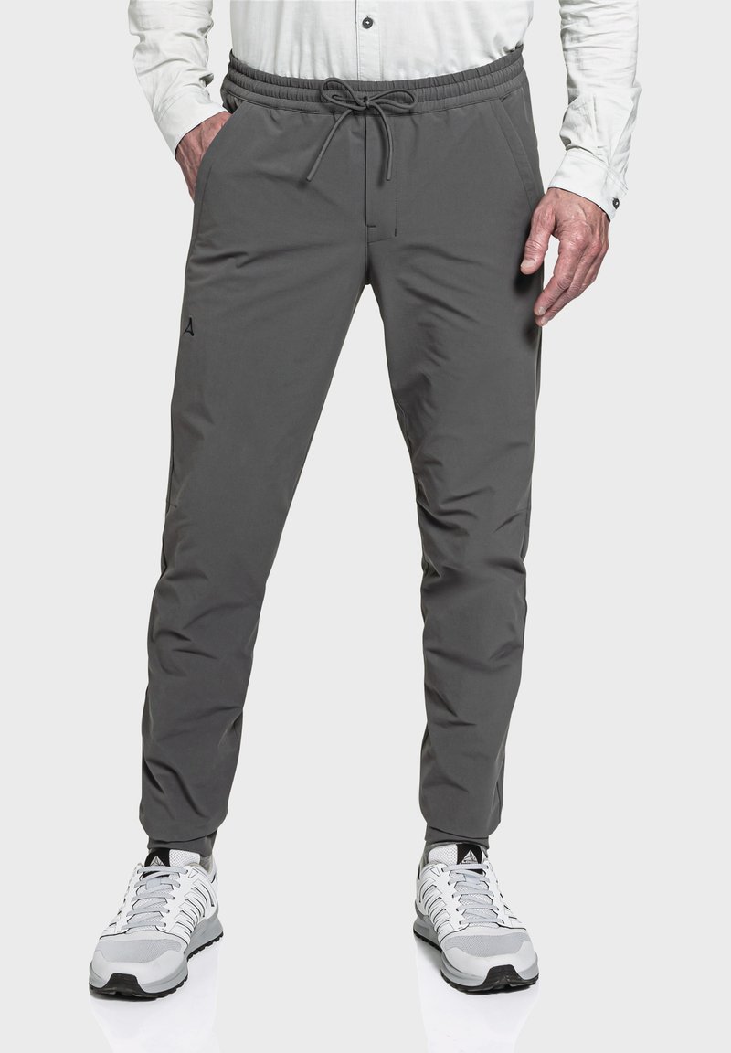 Graue Sporthose aus leichtem Material mit elastischem Taillenbund und Zugband, seitlichen Taschen und slim fit Design.