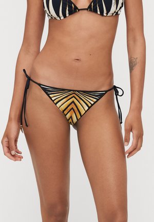 Bikini with a black and gold geometric stripe pattern. Features tie-side closures, soft fabric, and minimal coverage design.