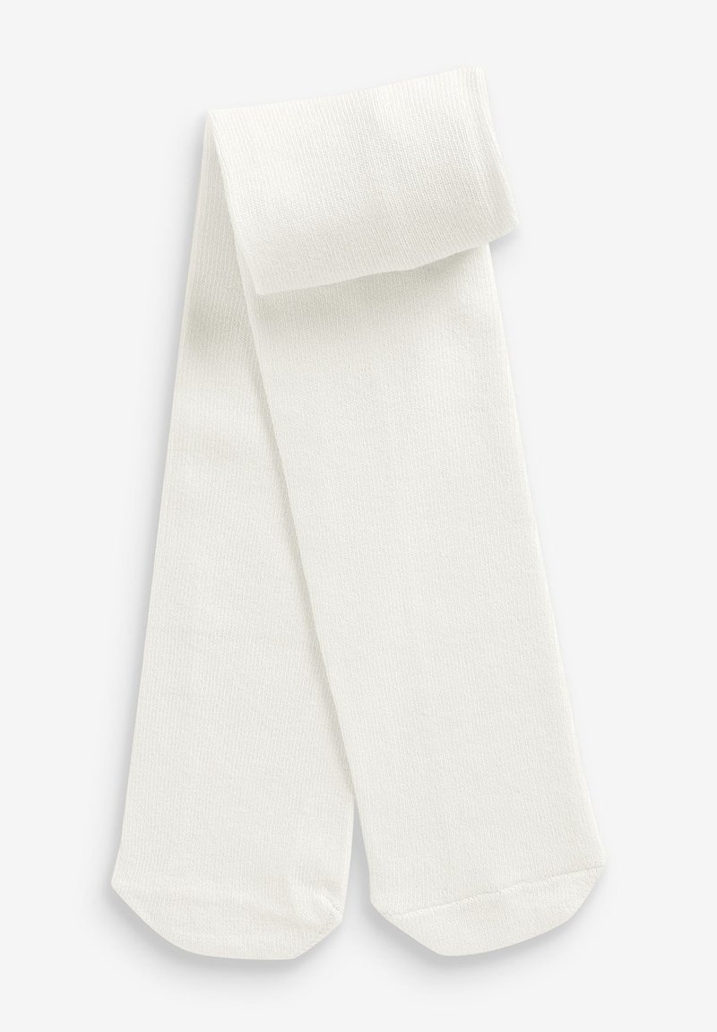 Chaussettes longues blanches côtelées avec une texture douce, dotées d'un revers replié et d'un orteil arrondi. Design simple adapté à diverses occasions.