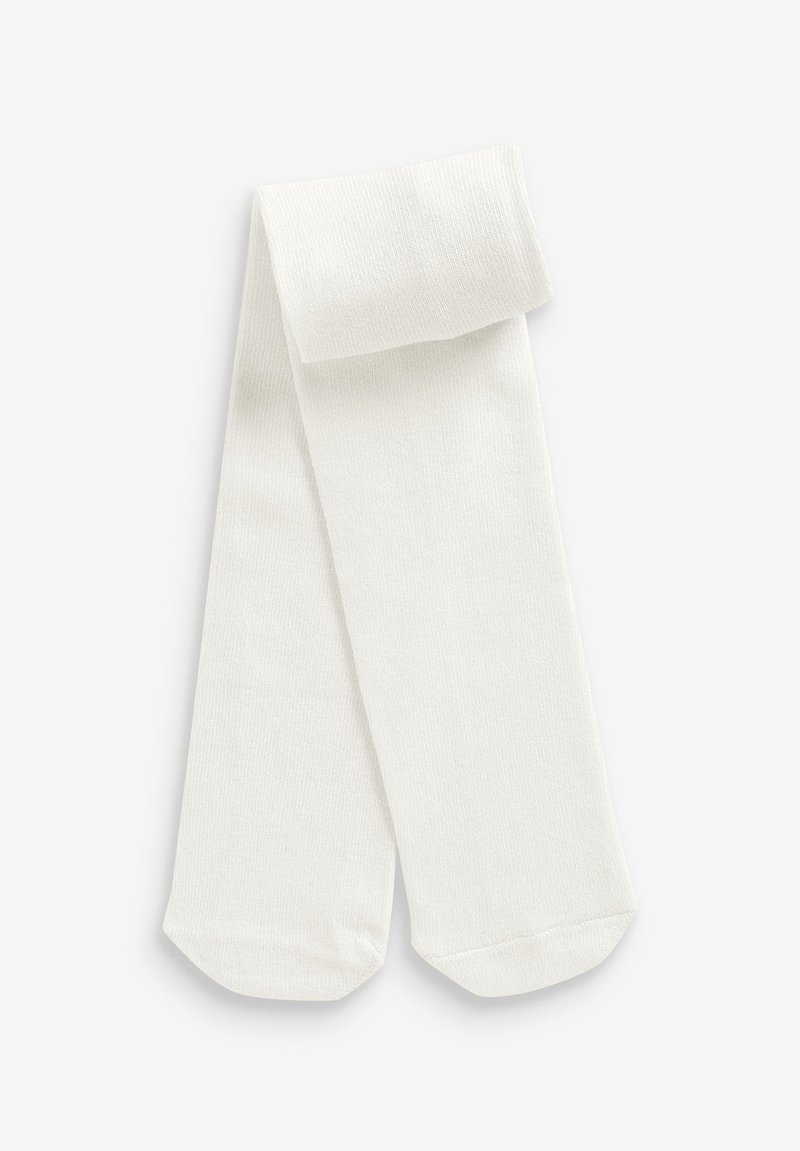 Chaussettes longues blanches côtelées avec une texture douce, dotées d'un revers replié et d'un orteil arrondi. Design simple adapté à diverses occasions.