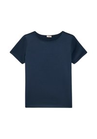 T-shirt a maniche corte blu navy, realizzato in tessuto liscia, con colletto rotondo e un design semplice e pulito. Senza motivi o finiture.