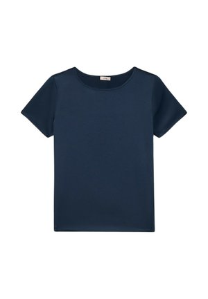 Camiseta de manga corta azul marino, hecha de una tela suave, que presenta un cuello redondo y un diseño simple y limpio. Sin patrones ni acentos.