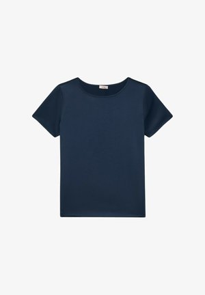 T-shirt à manches courtes bleu marine, en tissu lisse, avec un col rond et un design simple et épuré. Aucun motif ni accent.