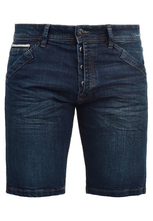 Shorts in denim blu scuro con chiusura a bottoni, cinque tasche e cuciture a contrasto. Il tessuto ha una texture liscia con una leggera scoloritura.