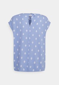 Hellbluse mit floralem weißen Muster, kurzen Ärmeln, V-Ausschnitt und einer Bindeschleife am Rücken. Strukturierter Stoff.