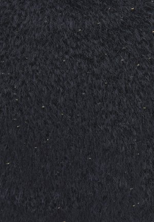 Zwart, zacht aanvoelend textiel met een pluizige uitstraling en verspreide gouden vlekjes, voor een uniek patroon en visuele aantrekkingskracht.