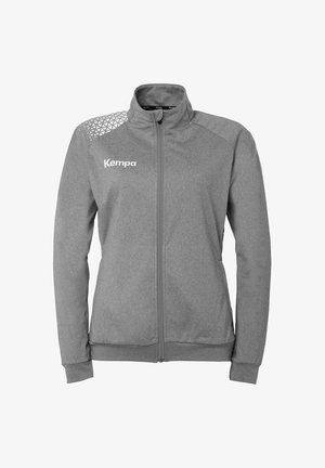 Gray zipped jacket made of soft fabric. Features a textured geometric pattern on the shoulder and a logo on the chest.