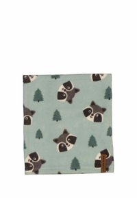 Fleecefodral i mintgrön som har mönster av tvättbjörnar och träd. Mjuk textur med en sydd fåll och en märkestagg.