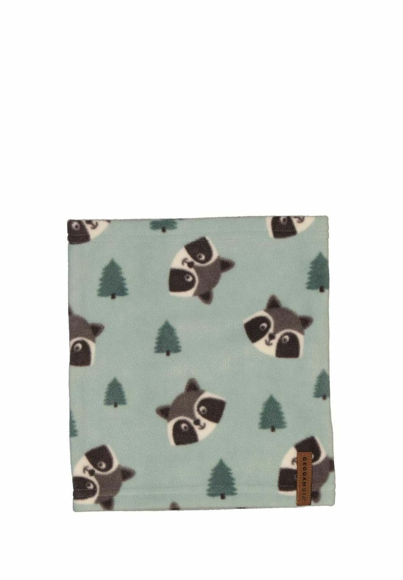 Fleecefodral i mintgrön som har mönster av tvättbjörnar och träd. Mjuk textur med en sydd fåll och en märkestagg.