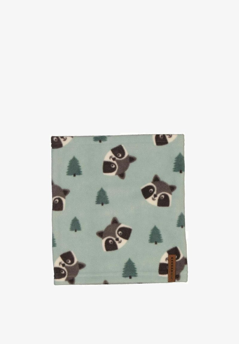 Fleecefodral i mintgrön som har mönster av tvättbjörnar och träd. Mjuk textur med en sydd fåll och en märkestagg.