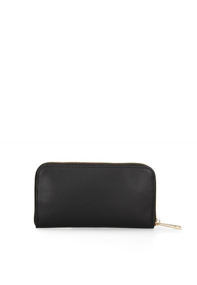 Portefeuille noir en cuir avec fermeture éclair dorée, de forme rectangulaire et finition lisse, sur fond blanc.