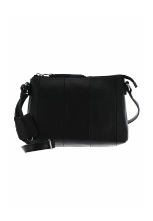 Sac bandoulière en cuir noir avec une finition texturée, fermeture zippée et sangle détachable. Design rectangulaire compact avec des détails de coutures.