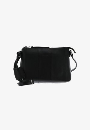 Sac bandoulière en cuir noir avec une finition texturée, fermeture zippée et sangle détachable. Design rectangulaire compact avec des détails de coutures.