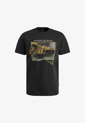 Camiseta de algodón negra de manga corta, con un estampado gráfico en beige y verde oliva con texto. Cuello redondo y dobladillo recto.