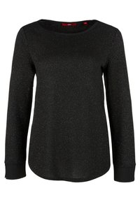 Schwarzes Langarmoberteil mit rundem Ausschnitt, strukturiertem Stoff mit einem subtilen Glanz und kontrastierenden schwarzen Bündchen.