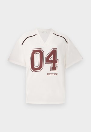 White short-sleeve V-neck jersey featuring maroon graphics, including the number "04" and brand "MODSTRÖM," with contrasting trim details.