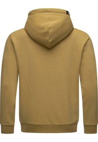 Sudadera con capucha en amarillo mostaza, hecha de una suave mezcla de algodón, que presenta puños y bajo acanalados, con una textura lisa y sin logotipos visibles.