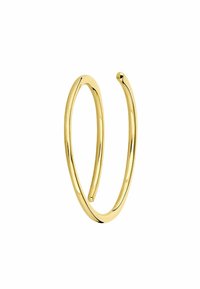 Brazalete de oro pulido, delgado y sin cierre, con un diseño tubular suave y curvado sobre un fondo blanco.