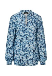 Blaue Bluse mit Blumenmuster, Rundhalsausschnitt, Bindedetail und langen Puffärmeln. Hergestellt aus leichtem Stoff mit einer weichen, glatten Textur.
