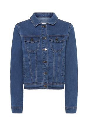 Veste en jean bleu avec fermeture à boutons sur le devant, deux poches à rabat avec boutons sur la poitrine, poches latérales, manches longues et col classique.