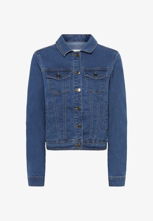 Veste en jean bleu avec fermeture à boutons sur le devant, deux poches à rabat avec boutons sur la poitrine, poches latérales, manches longues et col classique.