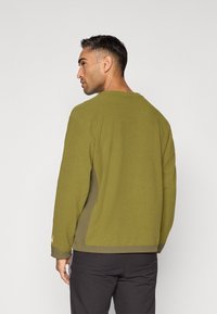 Felpa verde oliva con tessuto texturizzato e scollo rotondo. Presenta pannelli laterali più scuri a contrasto e dettagli di cucitura.