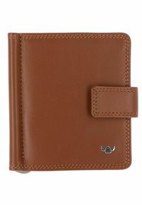 Portefeuille en cuir marron avec des bords cousus, un onglet de fermeture pression et un petit logo argenté en bas à droite.