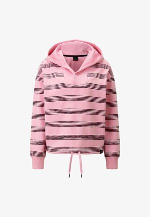 Rosa Kapuzenpullover mit schwarzen horizontalen Streifen, ausgestattet mit einem V-Ausschnitt, gerippten Bündchen und einem Kordelzugsaum für eine verstellbare Passform.