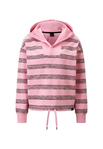Rosa Kapuzenpullover mit schwarzen horizontalen Streifen, ausgestattet mit einem V-Ausschnitt, gerippten Bündchen und einem Kordelzugsaum für eine verstellbare Passform.