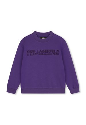 Lilla sweatshirt med lange ærmer, ribbede manchetter og kant, med "KARL LAGERFELD 21 RUE ST GUILLAUME PARIS" broderet hen over brystet.