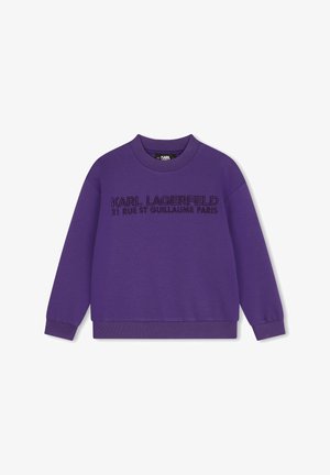 Sudadera morada de manga larga, con puños y dobladillo acanalados, que presenta "KARL LAGERFELD 21 RUE ST GUILLAUME PARIS" bordado en el pecho.