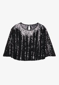 Sort paillet-top med rund halsudskæring og nøglehul-detalje i ryggen. Stoffet har en shiny, tekstureret overflade med en løs, udskåret pasform.
