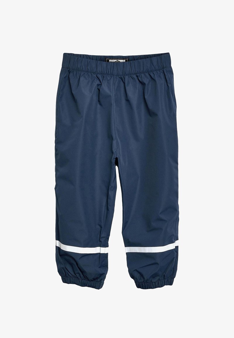 Marineblau wasserdichte Hosen mit elastischem Bund, gerafften elastischen Bündchen und weißen reflektierenden Streifen entlang der unteren Beine.