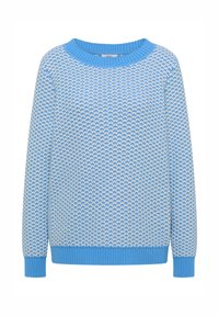 Pull tricoté texturé bleu clair et blanc à manches longues avec poignets, ourlet et encolure ras du cou côtelés.