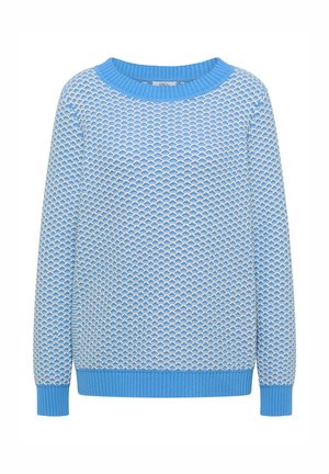 Pull tricoté texturé bleu clair et blanc à manches longues avec poignets, ourlet et encolure ras du cou côtelés.