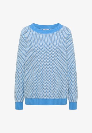 Jasnoniebieski i biały sweter dziany o fakturze, z długimi rękawami oraz prążkowanymi mankietami, krawędzią dolną i okrągłym dekoltem.