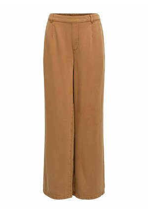 Pruunid laia säärega püksid, millel on elastne vöökoht ja küljetaskud, valmistatud pehmest, kergest kangast.