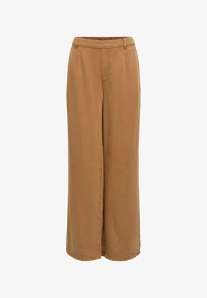 Pruunid laia säärega püksid, millel on elastne vöökoht ja küljetaskud, valmistatud pehmest, kergest kangast.