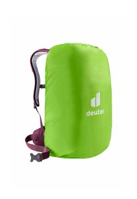 Bright green backpack cover with a smooth texture, adjustable maroon straps, and a logo printed in white on the front.