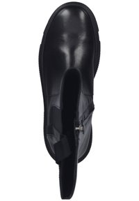 Black leather ankle boot with a smooth finish, featuring a side zipper and elastic panel, rounded toe, and textured rubber sole.