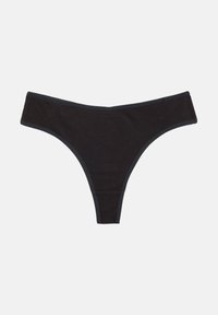 String noir en tissu côtelé, présentant un design minimaliste avec une fine ceinture élastique et des ouvertures pour les jambes.