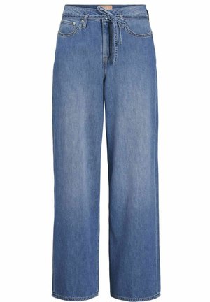 Pantaloni in denim azzurro chiaro a gamba larga con vita alta, cintura legata, design a cinque tasche e orli rifiniti, caratterizzati da una texture liscia.
