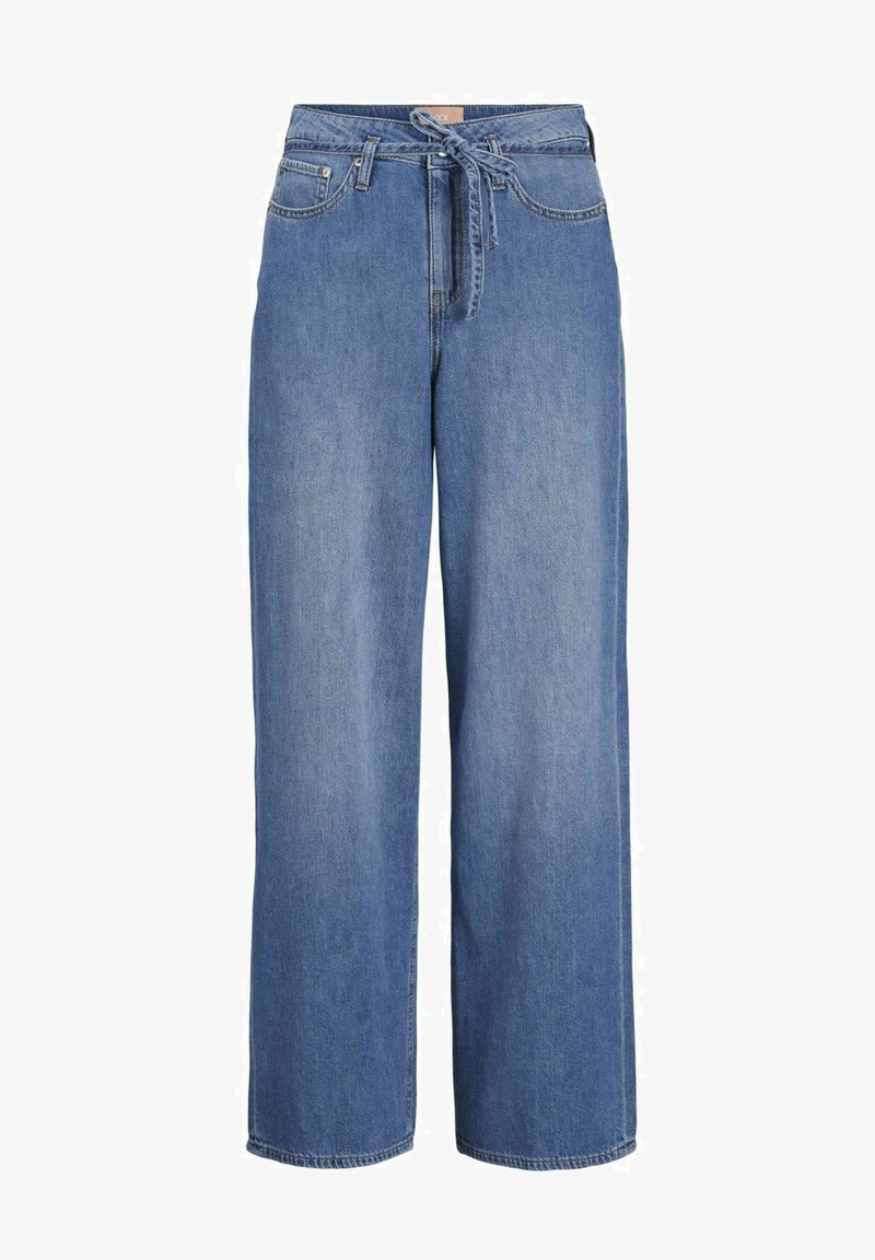 Šviesiai mėlyni džinsiniai platūs kelnės su aukštu liemeniu, surišamu diržu, penkių kišenių dizainu ir baigtomis priekinėmis dalimis, pasižyminčios lygiu paviršiumi.